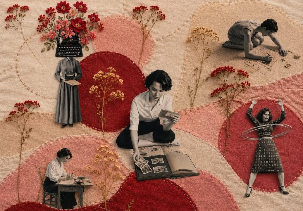 Collage tessile con donne che scrivono, sfogliano ricordi e giocano, tra creativit&agrave; ed espressione personale