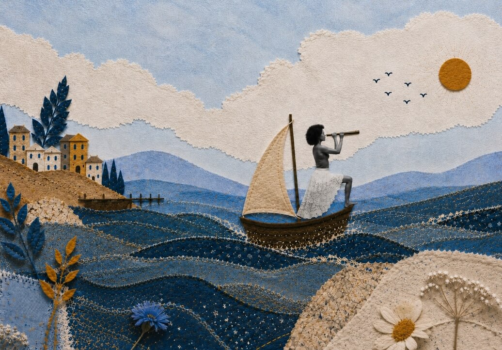 Collage tessile con donna su una barca a vela che guarda l'orizzonte col cannocchiale, simbolo di un nuovo percorso