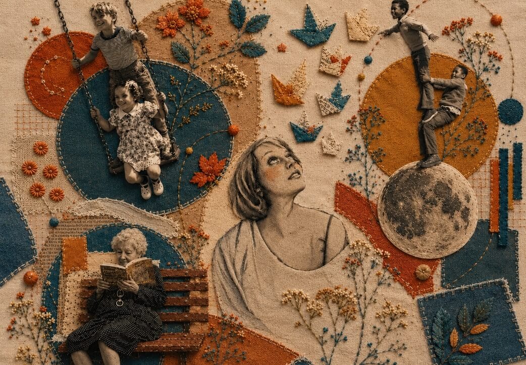 Collage tessile con bambini sull'altalena, donna pensierosa e anziana che legge, simbolo delle fasi della vita