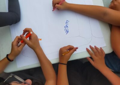 Mani di ragazze che disegnano e scrivono "vestiti" insieme su un grande foglio durante un laboratorio sul viaggio